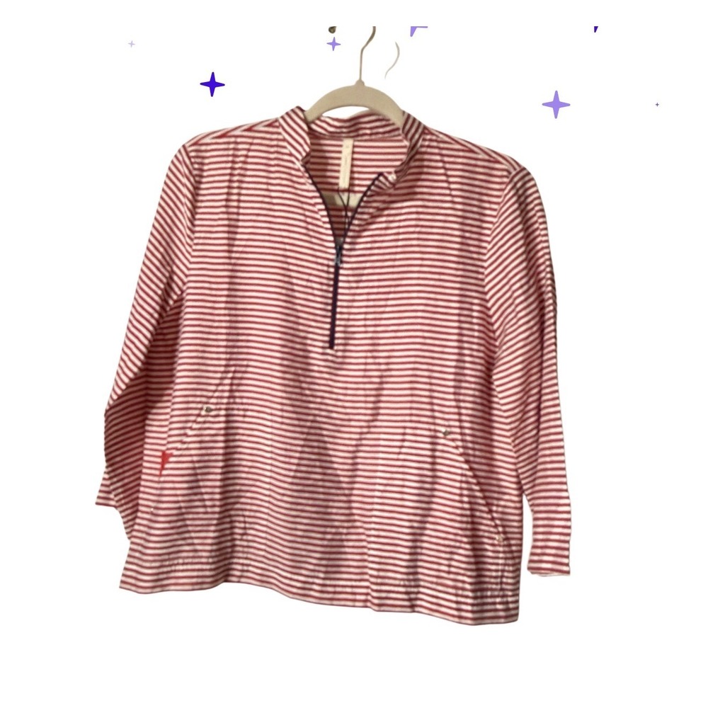 Yargici Red‎ White Striped Quarter Zip Mock Neck Pullover Shirt Womens XS New